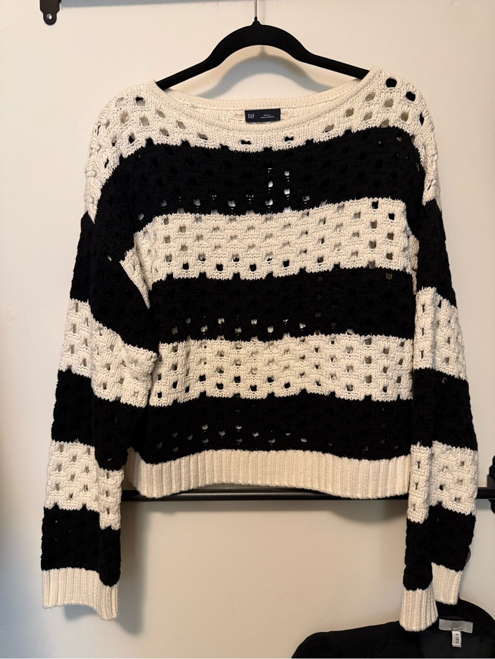 GAP Black and Cream Striped Open-Knit Crewneck Sweater